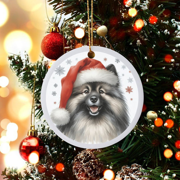 Santa Hat Keeshond Christmas Ornament, Keeshond Dog Ceramic Ornament, Adorable Dog Lover Holiday Decor, Festive Puppy Keepsak