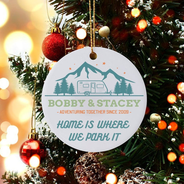 Camping Adventure Ceramic Keepsake, Personalized Camper RV Christmas Ornament, Custom Name Caravan Tree Decor, Outdoor Couple