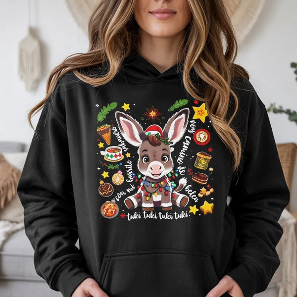 Adorable Villancico Christmas Donkey Sweatshirt, Mi Burrito Sabanero Hoodie, Spanish Latino Holiday Graphic Pullover, Hispani