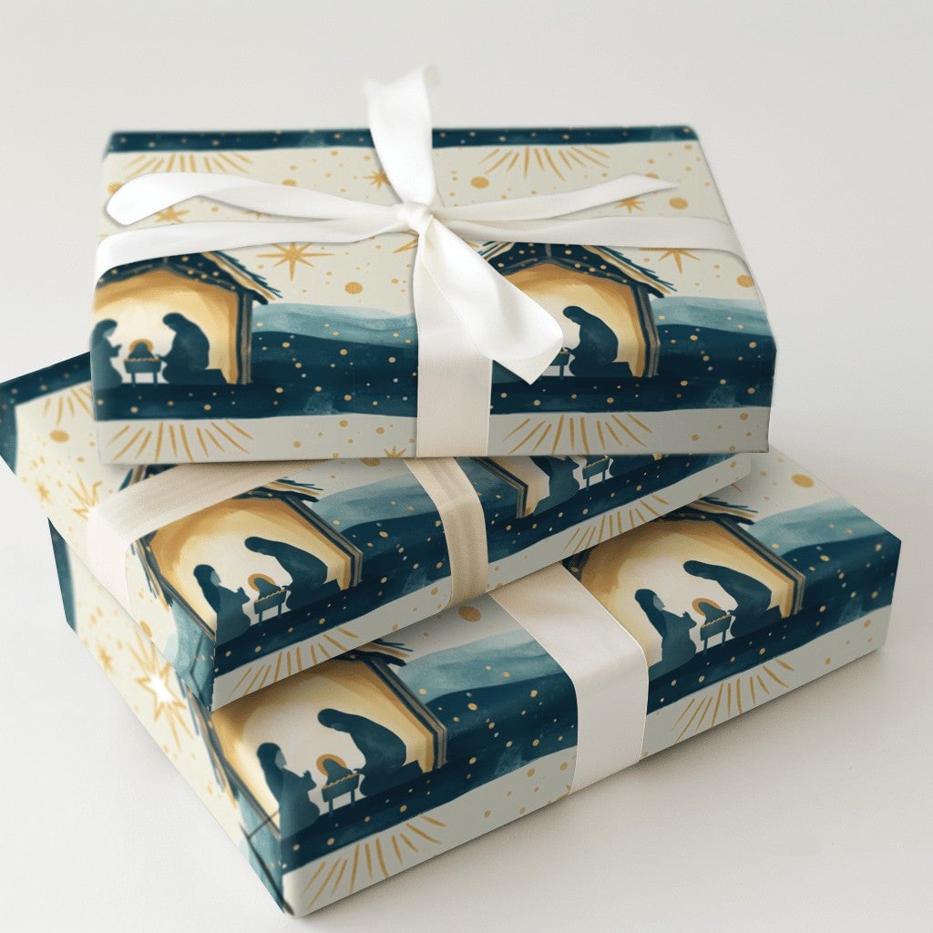 Holy Family Manger Gift Wrap, Nativity Scene Christmas Wrapping Paper, Starry Night Religious Holiday Wrapping Paper, Christi