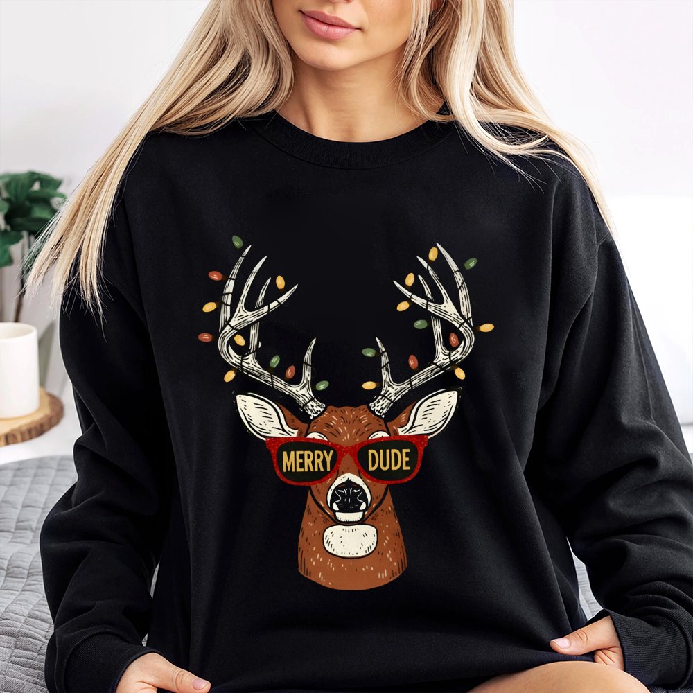 Humorous Christmas Deer Sweatshirt, Merry Dude Reindeer Sweatshirt, Holiday Hunting Crewneck, Retro Reindeer Sweater, Christm