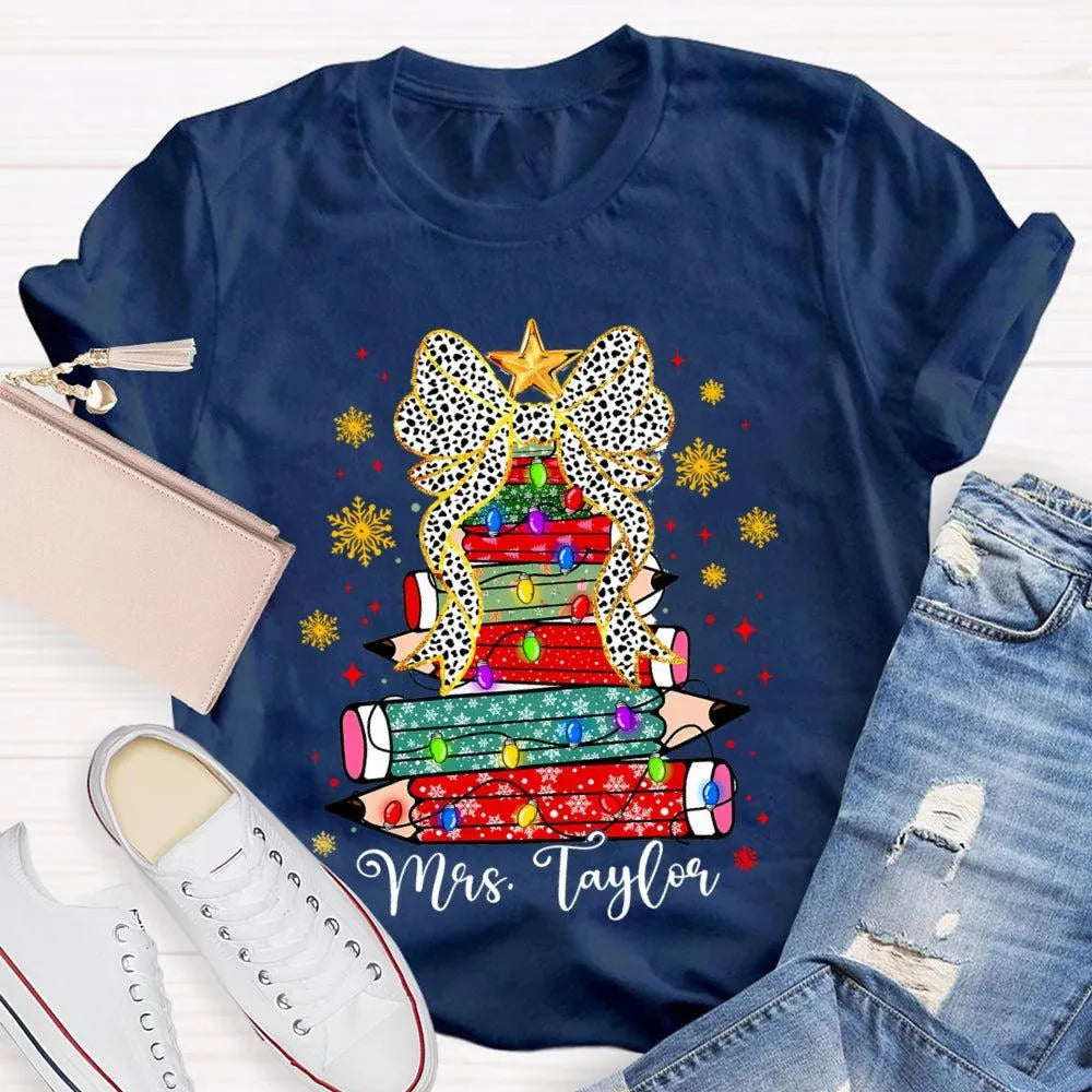 Custom Name Pencil Snowflake Tee, Personalized Teacher Christmas Tree Shirt, Holiday Teacher T-Shirt, Christmas Teacher Prese