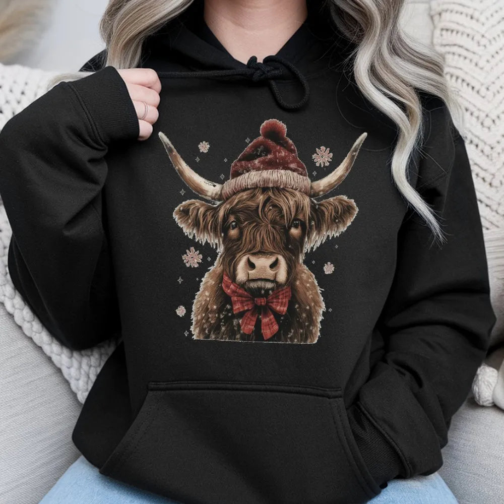 Western Santa Hat Cow Sweatshirt, Christmas Highland Cow Hoodie, Adorable Holiday Cow Hooded Pullover, Festive Winter Cow Gra