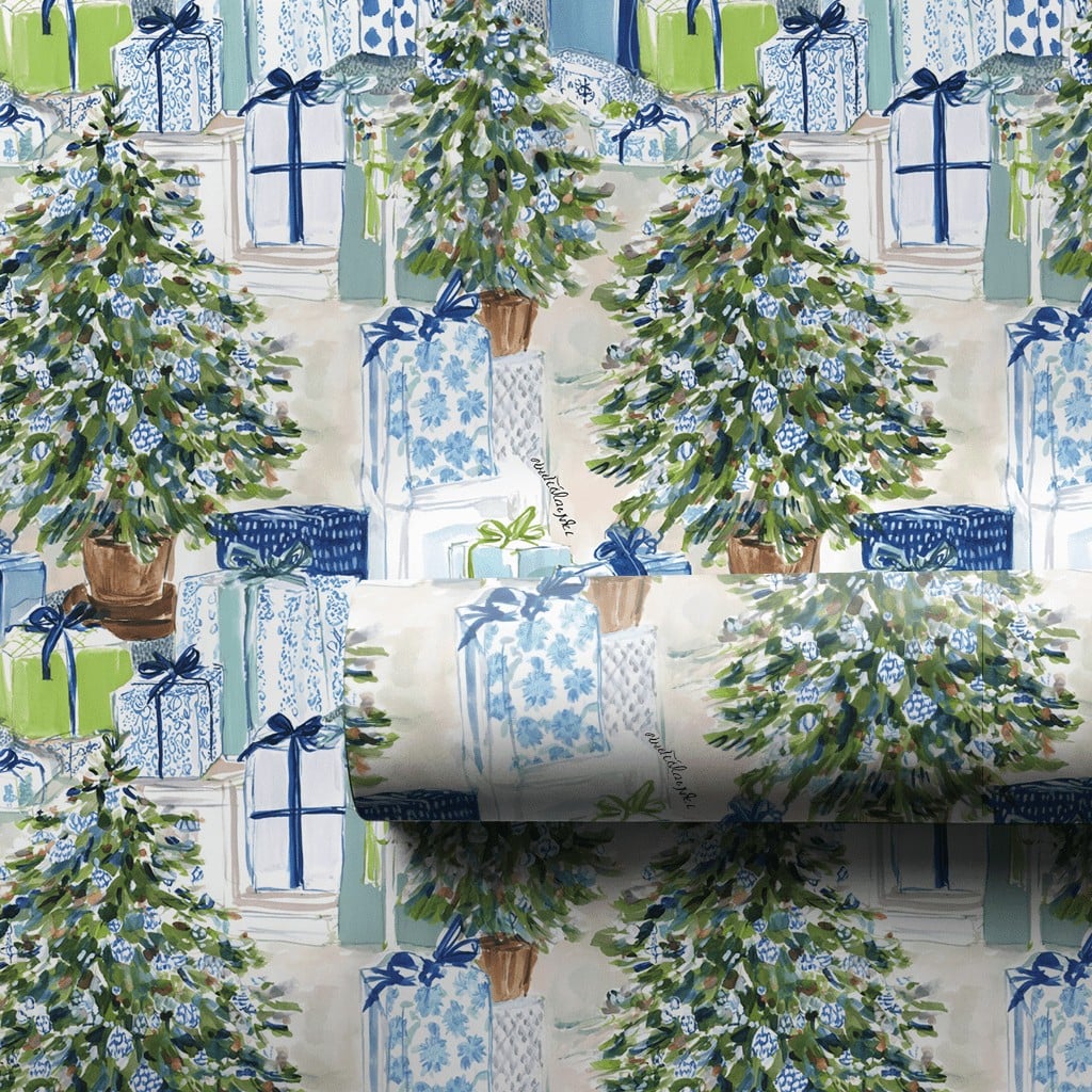 Watercolor Tree Gift Wrap, Chinoiserie Christmas Wrapping Paper, Preppy Blue Holiday Wrapping Paper, Elegant Winter Xmas Wrap