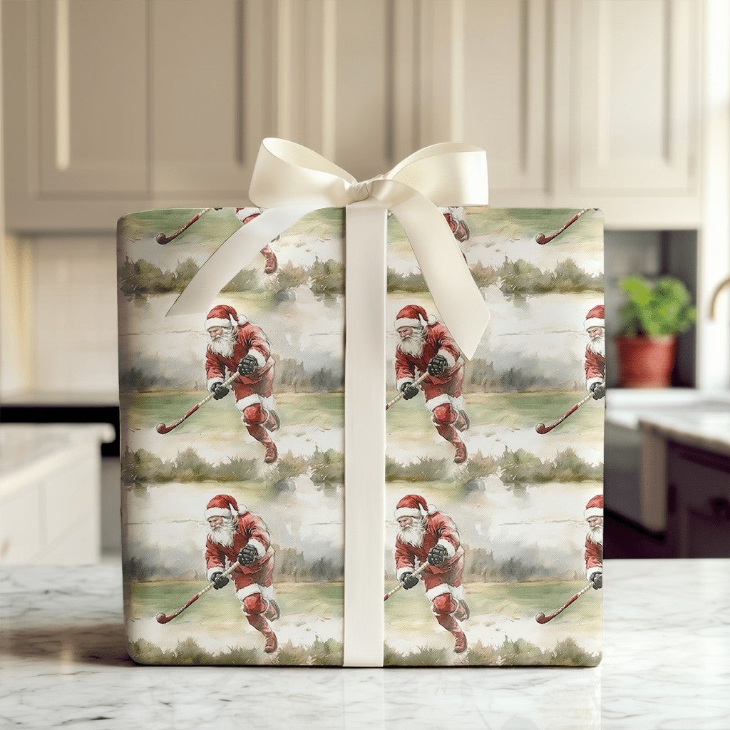 Ice Skating Santa Holiday Gift Wrap, Hockey Santa Christmas Wrapping Paper, Sports Christmas Wrapping Paper, Ice Hockey Playe