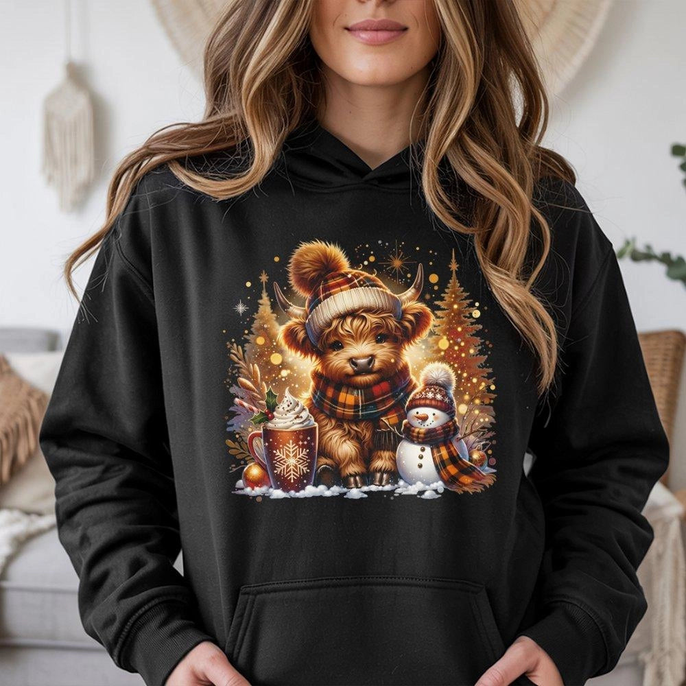 Snowman Hot Cocoa Sweatshirt, Highland Cow Christmas Hoodie, Adorable Winter Cow Graphic Hoodie, Comfy Farmhouse Pullover, An