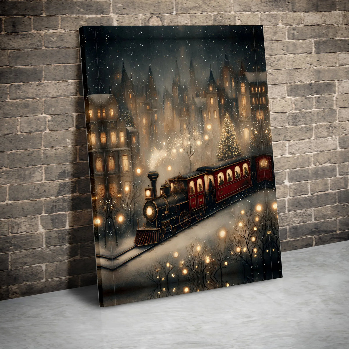 Snowy Village Winter Scene Canvas Print, Christmas Steam Train Canvas Wall Art, Festive Holiday Canvas Art, Vintage Xmas Home