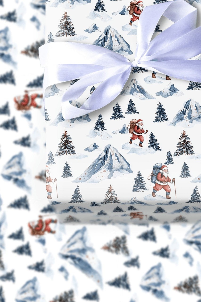 Snowy Mountain Christmas Wrapping Paper, Hiking Santa Wrapping Paper, Outdoors Nature Holiday Gift Wrap