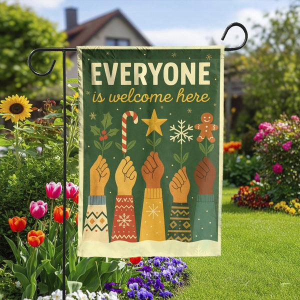 Inclusive Christmas Yard Flag, Everyone Is Welcome Here Garden Flag, Holiday Winter Lawn Banner, Seasonal Porch Flag, Xmas Ho