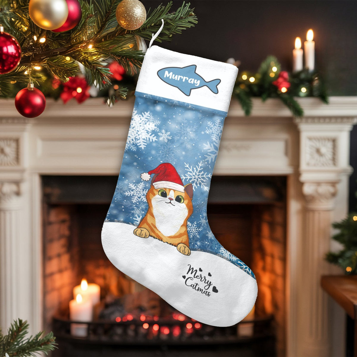 Kitten Christmas Stocking, Santa Hat Cat Christmas Stocking, Pet Holiday Stocking, Adorable Winter Animal Mantel Decor, Prese