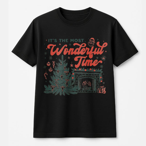 Fireplace and Tree Graphic Tee, Its the Most Wonderful Time Christmas T-Shirt, Nostalgic Holiday Shirt, Comfy Xmas Apparel fo