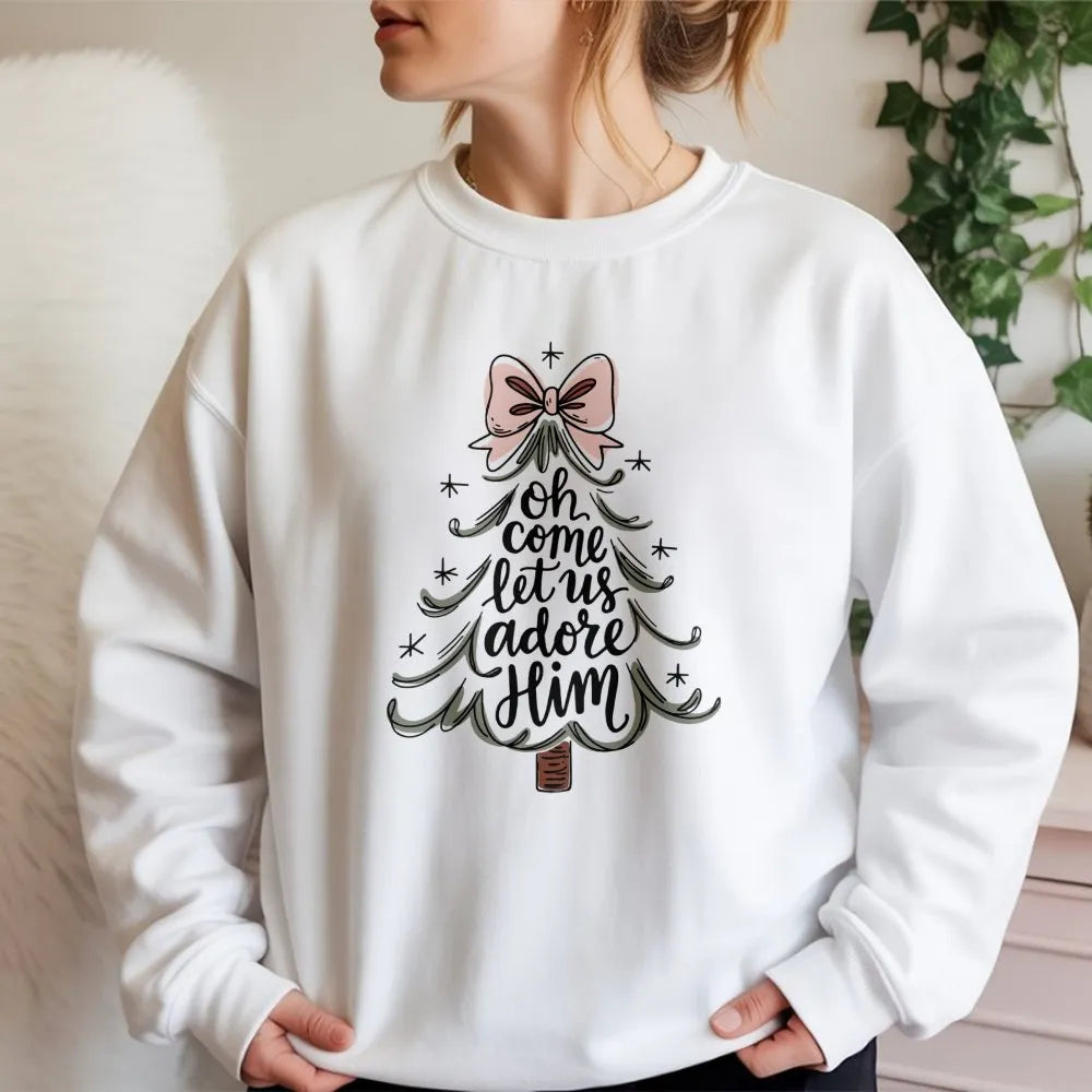 Christian Christmas Sweatshirt, Oh Come Let Us Adore Him Sweatshirt, Religious Christmas Tree Crewneck, Faith Christmas Sweat