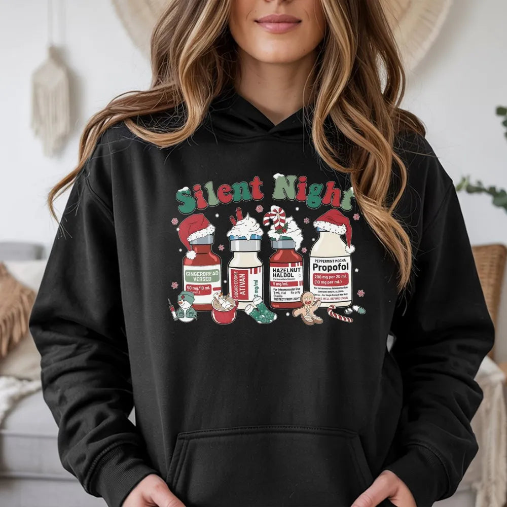 Humorous Medical Christmas Sweatshirt, Silent Night Nurse Hoodie, Adorable ICU Nurse Holiday Hoodie, Healthcare Worker Hooded