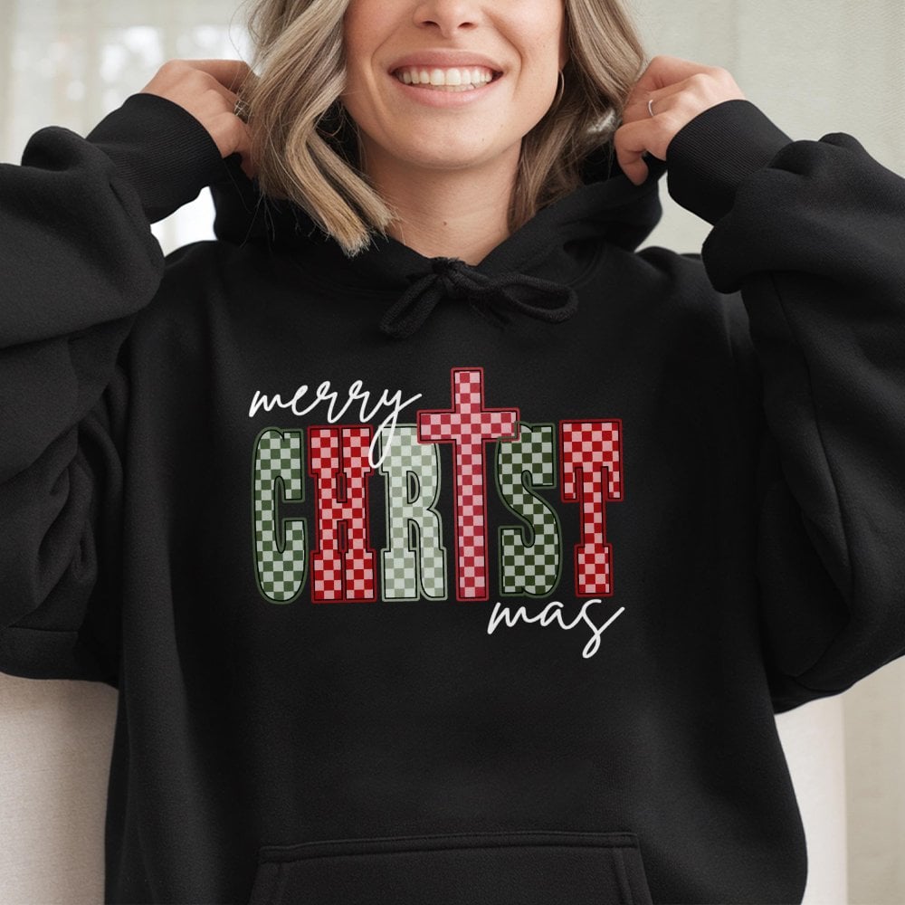 Red Green Checkerboard Faith Sweatshirt, Merry Christ-mas Cross Hoodie, Religious Christmas Tree Pullover, Jesus Holiday Pres