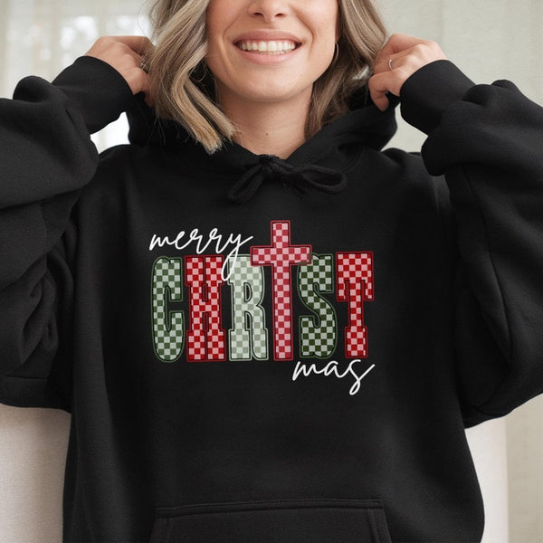 Red Green Checkerboard Faith Sweatshirt, Merry Christ-mas Cross Hoodie, Religious Christmas Tree Pullover, Jesus Holiday Pres