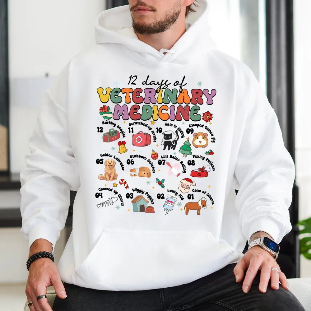Humorous Vet Tech Christmas Sweatshirt, 12 Days of Veterinary Medicine Hoodie, Animal Doctor Hooded Pullover, Holiday Present