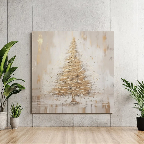 Impasto Gold Palette Knife Holiday Print, Golden Christmas Tree Square Canvas Wall Art, Elegant Xmas Canvas Poster, Seasonal 