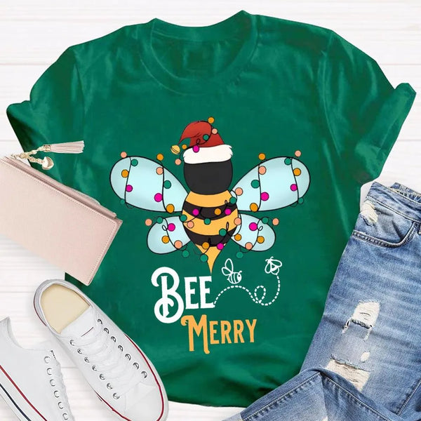 Santa Hat Honeybee Shirt, Bee Merry Christmas T-Shirt, Humorous Bee Lover Holiday Tee, Adorable Insect Xmas Graphic Tee, Chri