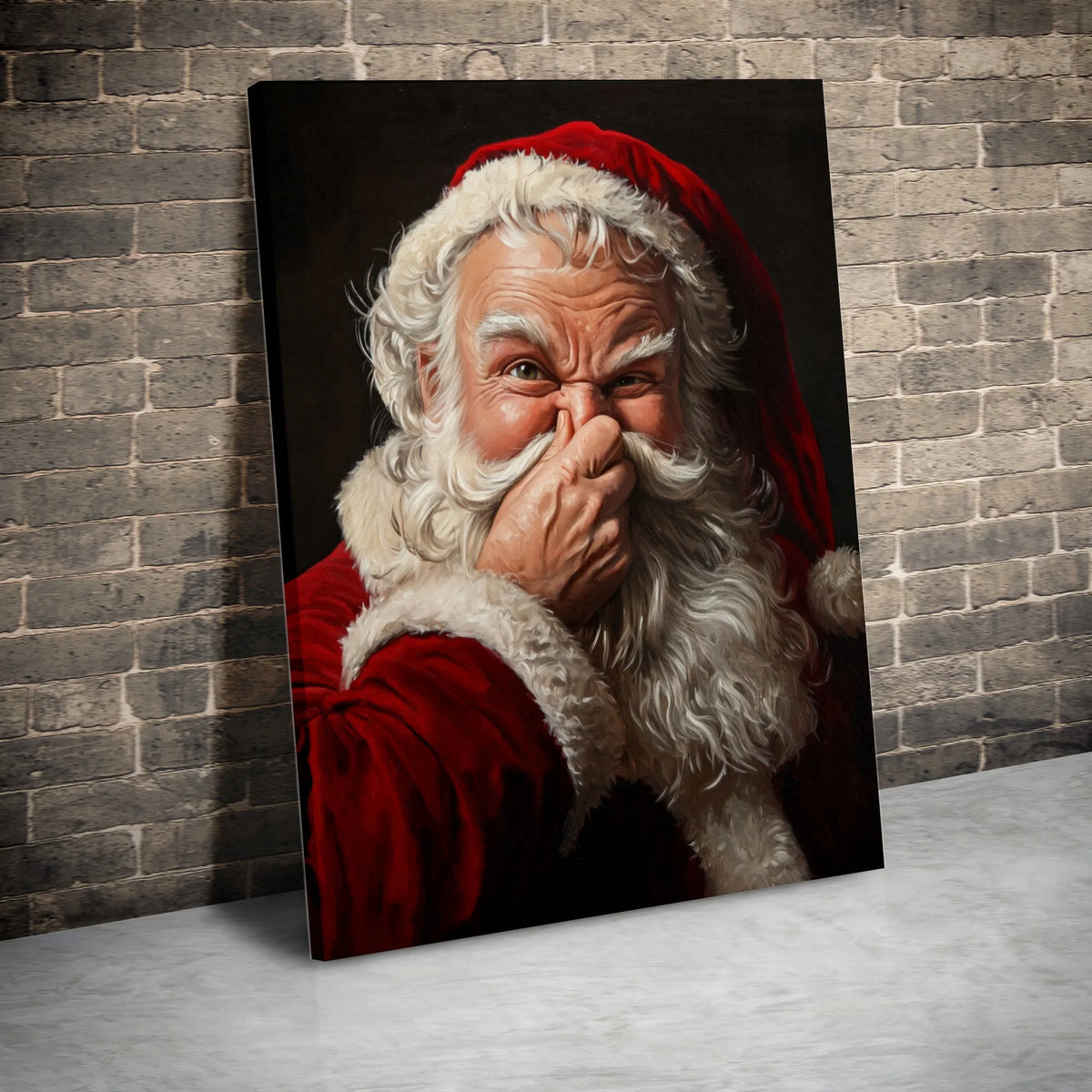 Whimsical Holding Nose Canvas Print, Humorous Santa Claus Canvas Wall Art, Christmas Holiday Portrait Canvas, Xmas Wall Decor