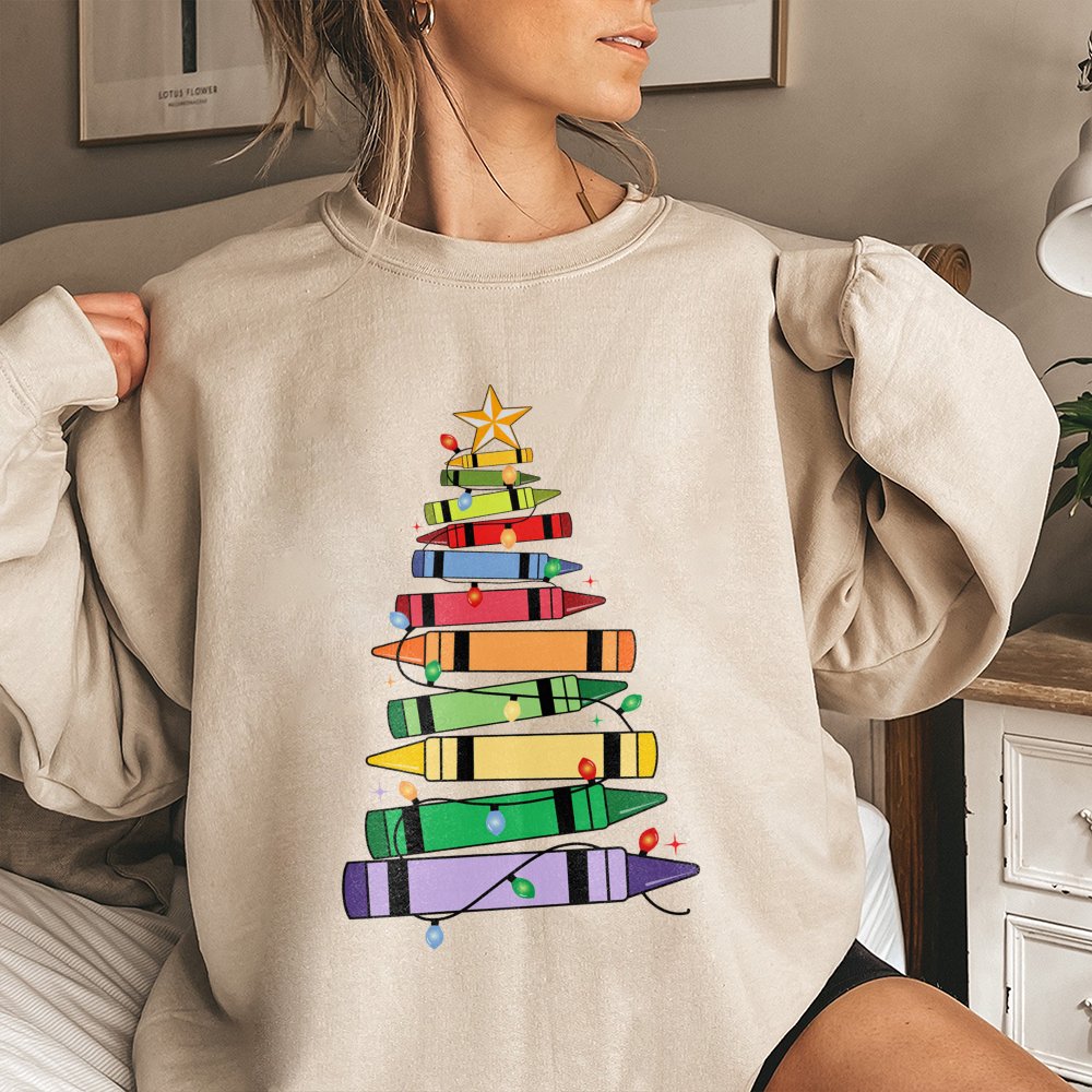 Crayon Tree Holiday Sweatshirt, Christmas Teacher Sweatshirt, Educator Winter Crewneck, School Teacher Xmas Pullover, Teacher