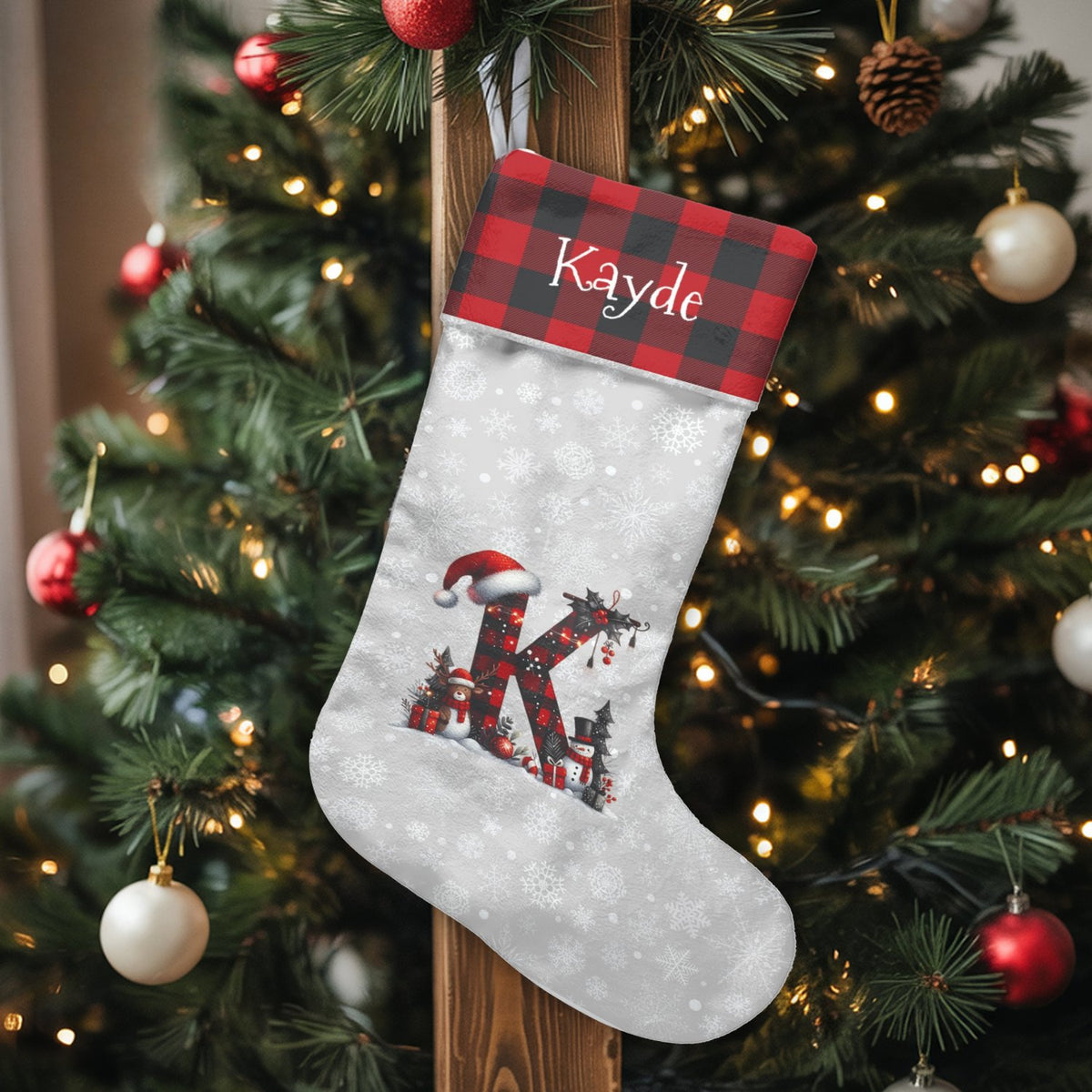 Buffalo Plaid Letter Stocking, Personalized Monogram Christmas Stocking, Custom Initial Holiday Stocking, Rustic Family Xmas 
