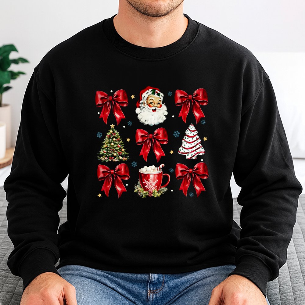 Red Bows Holiday Sweatshirt, Retro Santa Christmas Sweatshirt, Vintage Adorable Santa Graphic Crewneck, Festive Xmas Sweatshi