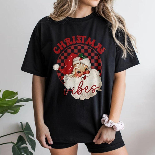 Retro Santa Buffalo Plaid Shirt, Christmas Vibes T-Shirt, Vintage Holiday Graphic Tee, Festive Buffalo Plaid Christmas Tee Pr