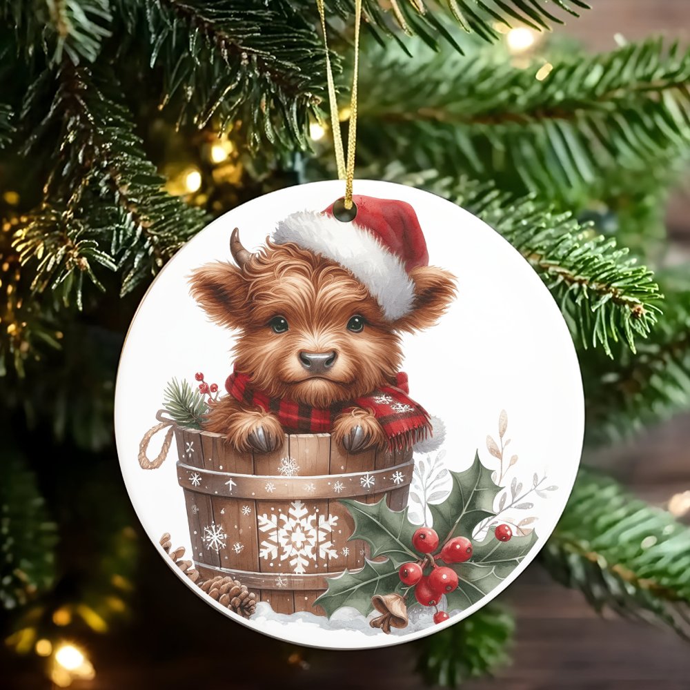 Baby Calf Santa Hat Ornament, Highland Cow Christmas Ornament, Rustic Farmhouse Cow Tree Ornament, Adorable Ceramic Cow Ornam
