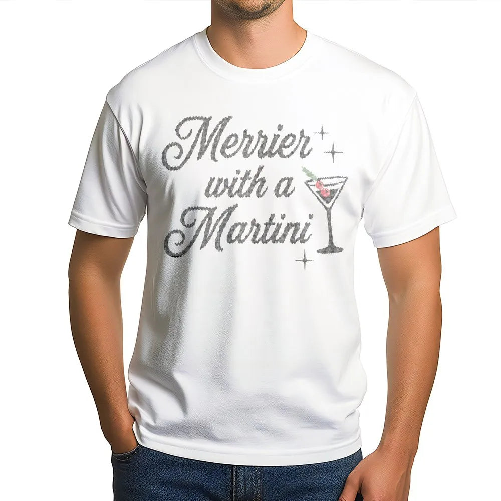 Retro Christmas Cocktail Graphic Tee, Merrier with a Martini Shirt, Humorous Holiday Drinking T-Shirt, Vintage Xmas Party Gra