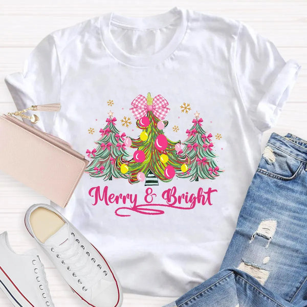 Merry and Bright Holiday Graphic Tee, Bow Christmas Tree Teacher Shirt, Adorable Teacher Christmas T-Shirt, Winter School Hol