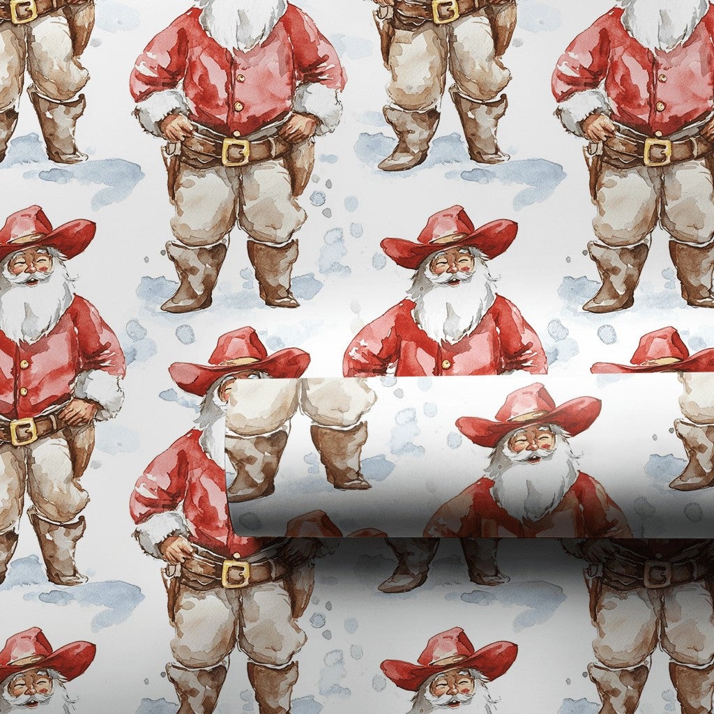 Wild West Watercolor Santa Gift Wrap, Cowboy Santa Christmas Wrapping Paper, Rustic Chaps Santa Wrapping Paper, Country Holid
