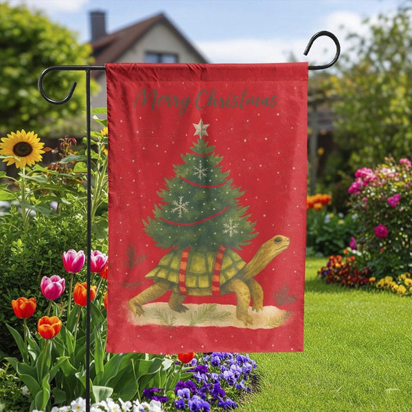 Humorous Animal Yard Flag, Turtle Christmas Tree Garden Flag, Festive Holiday Lawn Flag, Adorable Outdoor Flag Decor, Winter 