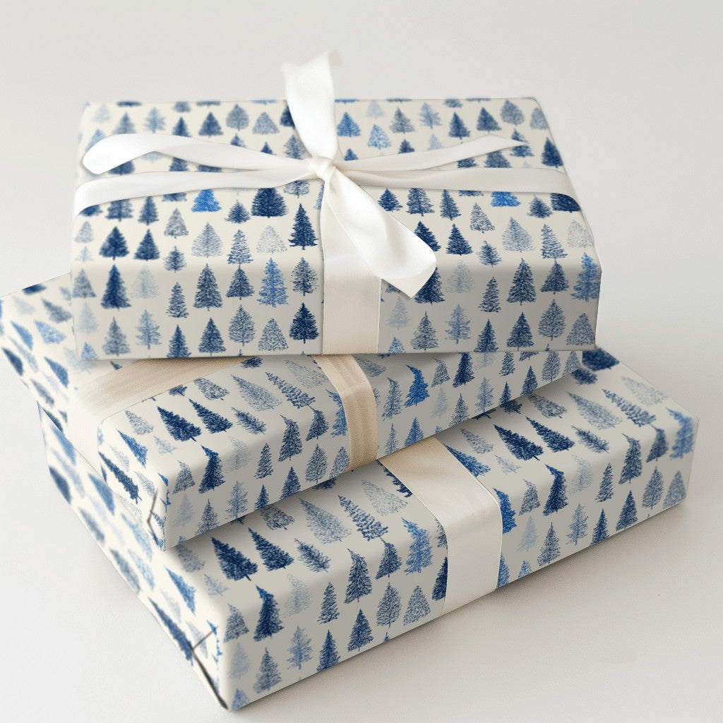 Winter Forest Holiday Gift Wrap, Blue Pine Tree Wrapping Paper, Woodland Pine Tree Wrapping Paper, Christmas Tree Gift Wrap R