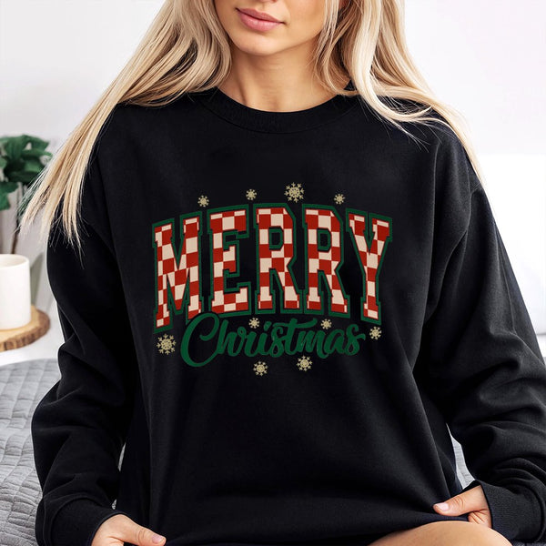 Retro Varsity Holiday Sweatshirt, Red Checkerboard Merry Christmas Sweatshirt, Adorable Xmas Graphic Sweatshirt, Holiday Crew