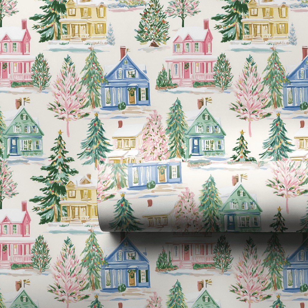 Winter Village Holiday Gift Wrap, Watercolor Christmas Wrapping Paper, Festive Xmas Gift Wrap Paper, Seasonal Present Wrappin