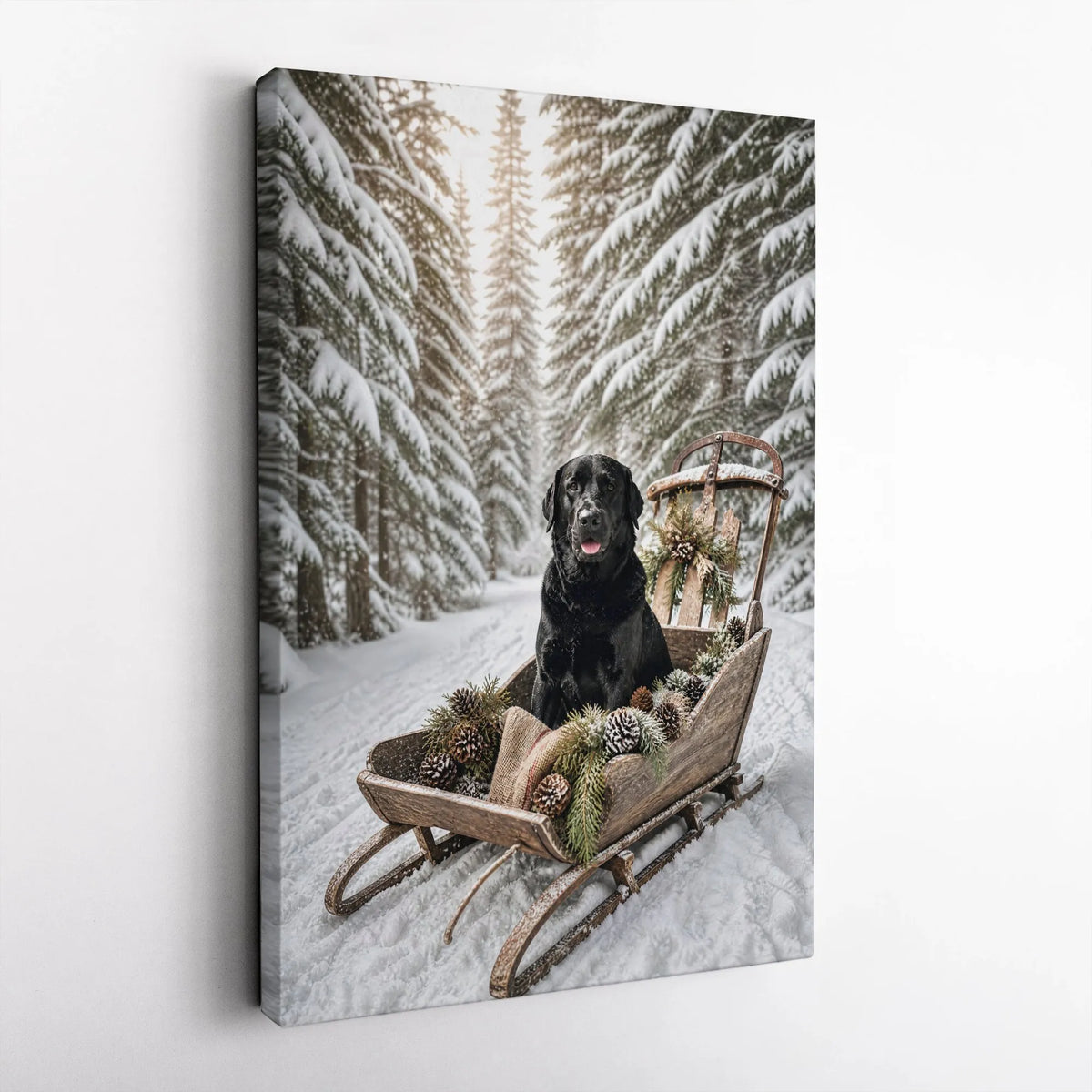 Snowy Forest Dog Portrait Print, Black Lab Winter Sled Canvas, Rustic Holiday Wall Canvas, Christmas Labrador Canvas Art, Dog