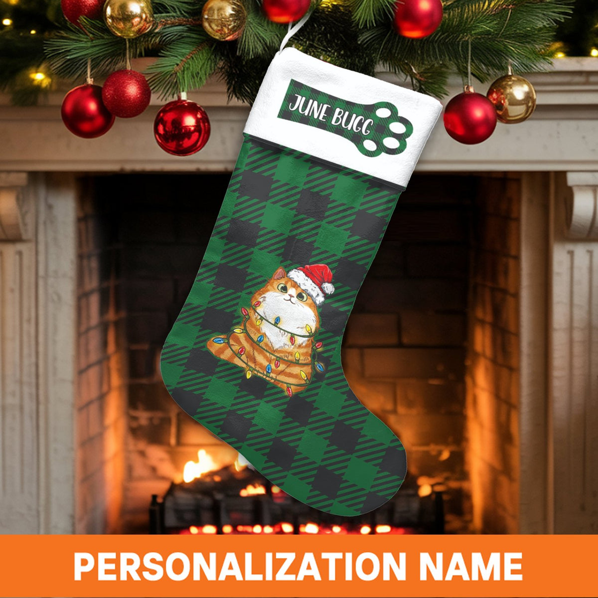Green Buffalo Plaid Santa Cat Stocking, Personalized Cat Christmas Stocking, Custom Name Pet Holiday Stocking, Cat Lover Xmas