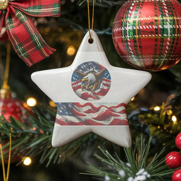 Star Shaped Ceramic Keepsake, Patriotic American Flag Eagle Ornament, Patriotic Christmas Ornament, Veteran American Eagle De