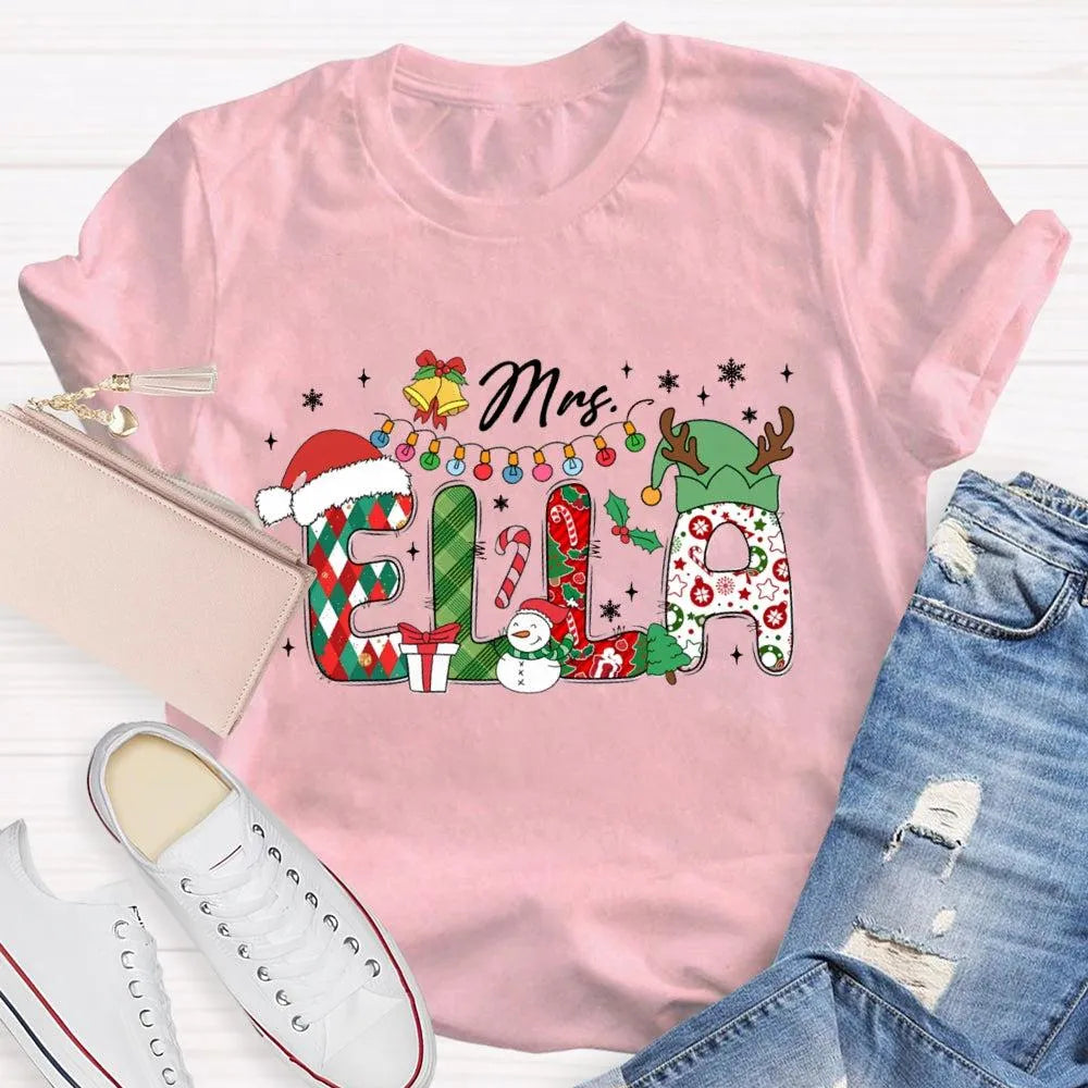 Custom Name Holiday Lights Tee, Personalized Christmas Snowman T-Shirt, Adorable Winter Xmas Shirt, Matching Family Christmas