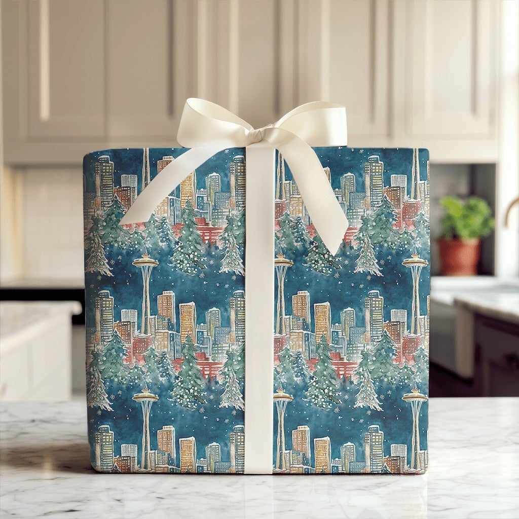 Space Needle Holiday Gift Wrap Roll, Seattle Skyline Christmas Wrapping Paper, Pacific Northwest Winter Wrapping Paper, City 