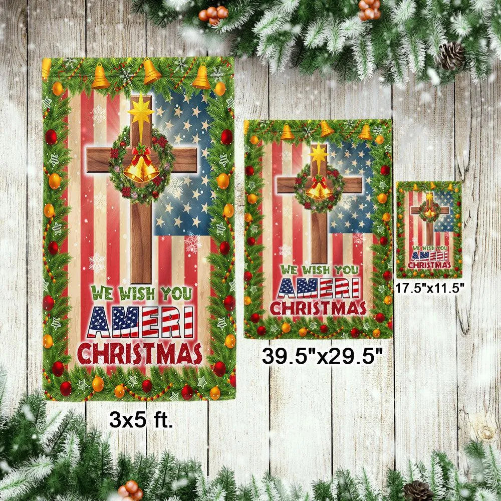 Double Sided Patriotic Lawn Flag, Christian Cross American Flag Garden Flag We Wish You Ameri Christmas Yard Flag, Holiday Ya