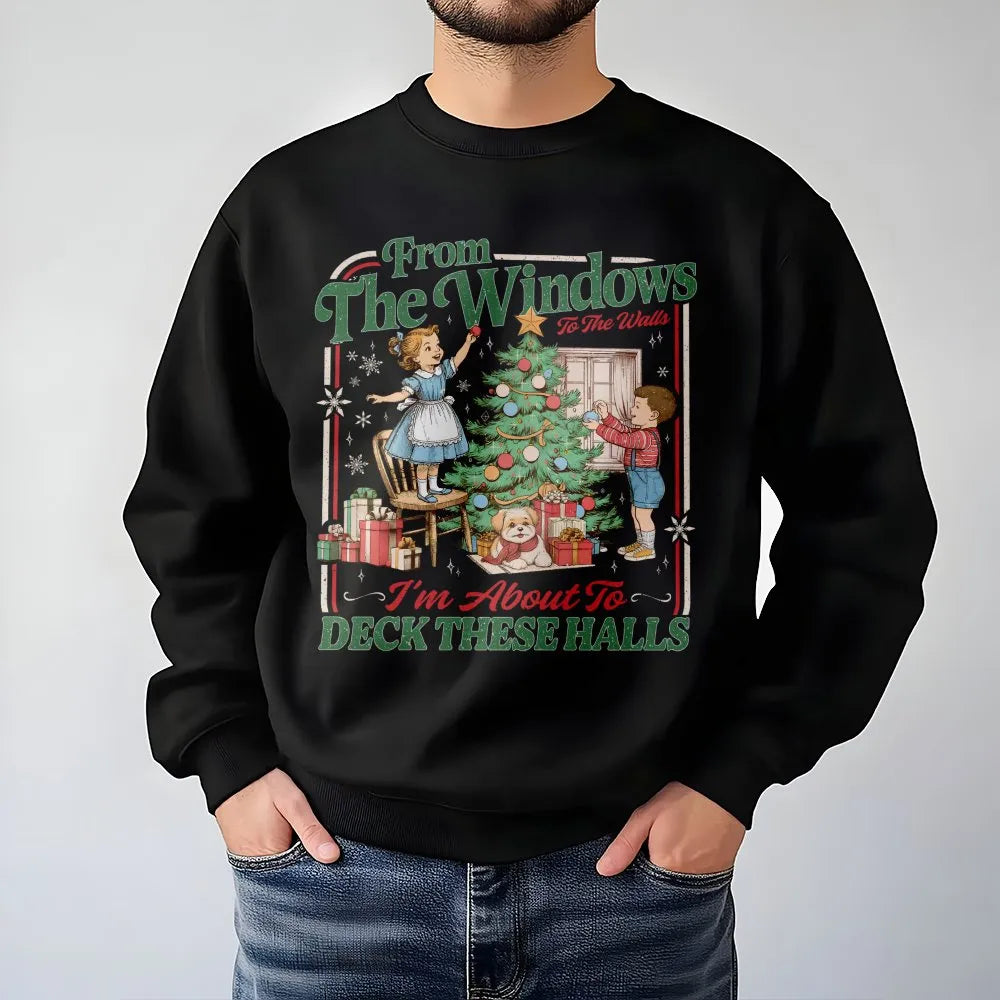Humorous Retro Holiday Crewneck, Deck the Halls Christmas Sweatshirt, Vintage Christmas Party Sweater, Adorable Holiday Prese