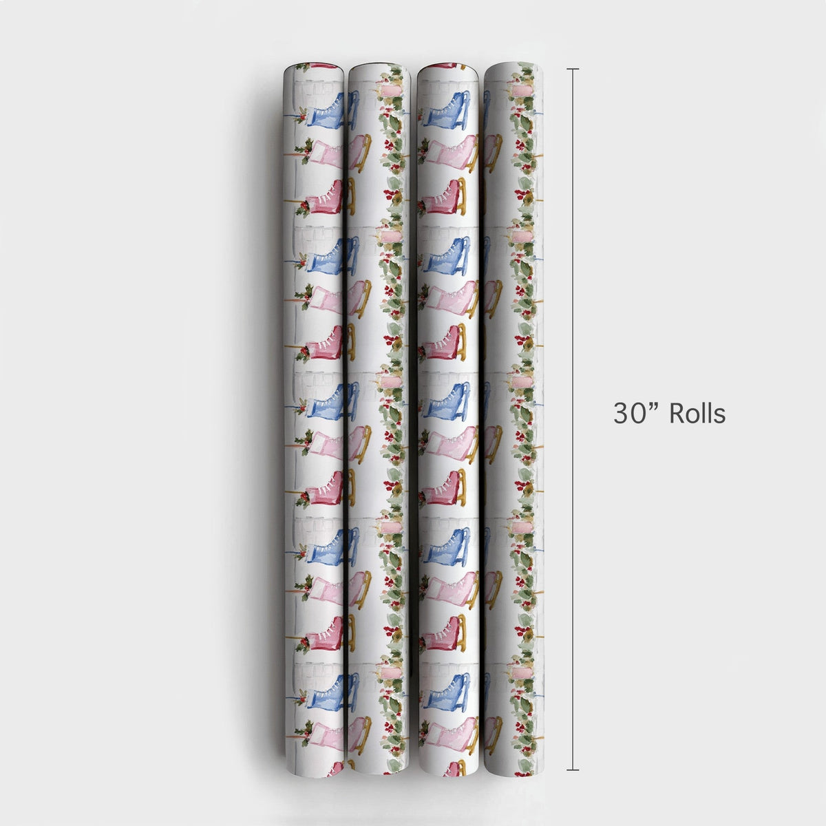 Fireplace Mantel Gift Wrap, Ice Skate Christmas Wrapping Paper, Watercolor Winter Skater Wrapping Paper, Holiday Gift Wrap Ro