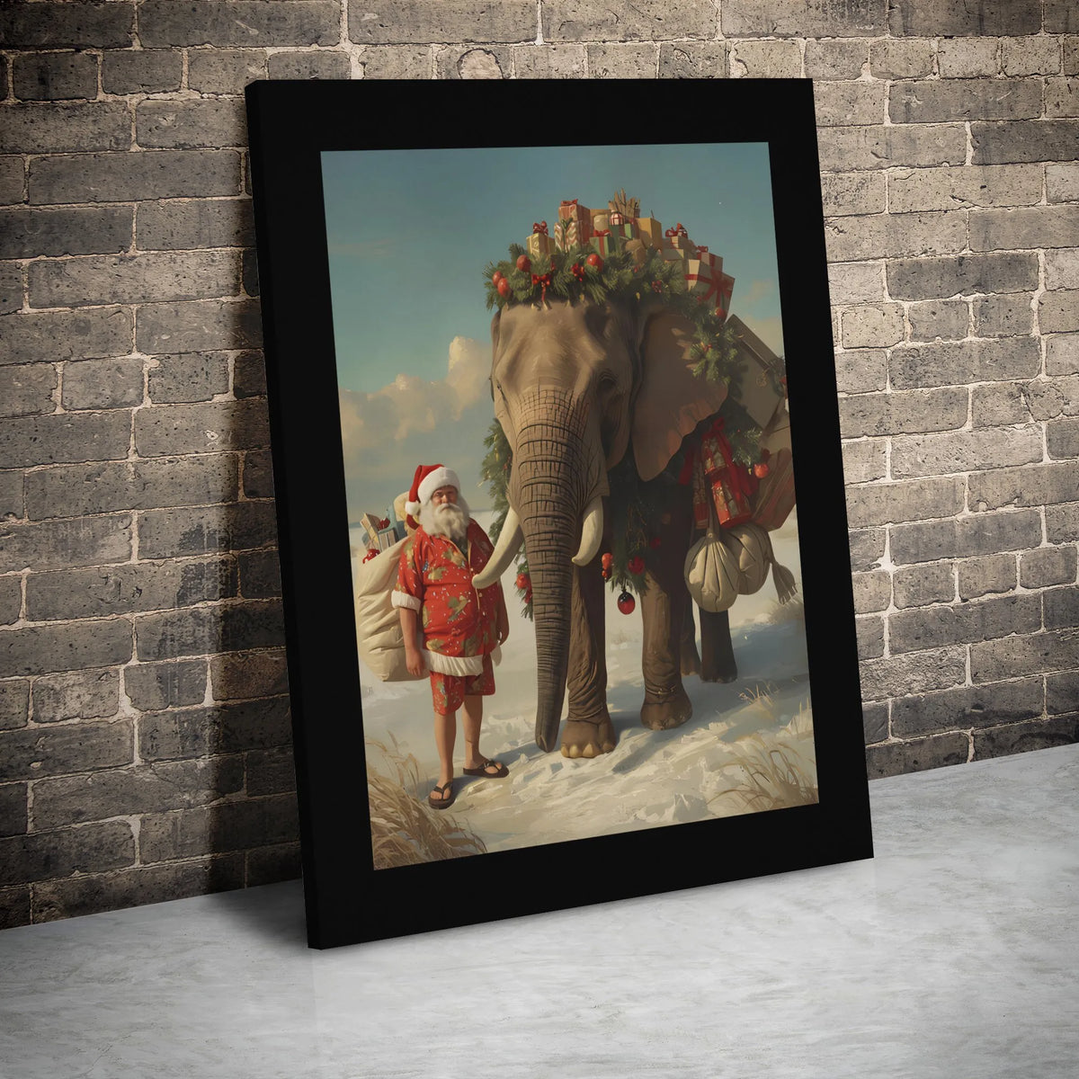 Whimsical Holiday Animal Canvas Art, Tropical Santa Claus Elephant Canvas, Festive Safari Christmas Canvas Print, Winter Wild