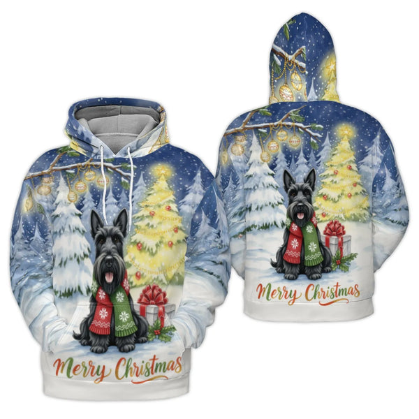 Scottie Dog Winter Scene Hooded Sweatshirt, Scottish Terrier Christmas Hoodie, Festive Xmas Canine Pullover, Pet Lover Holida