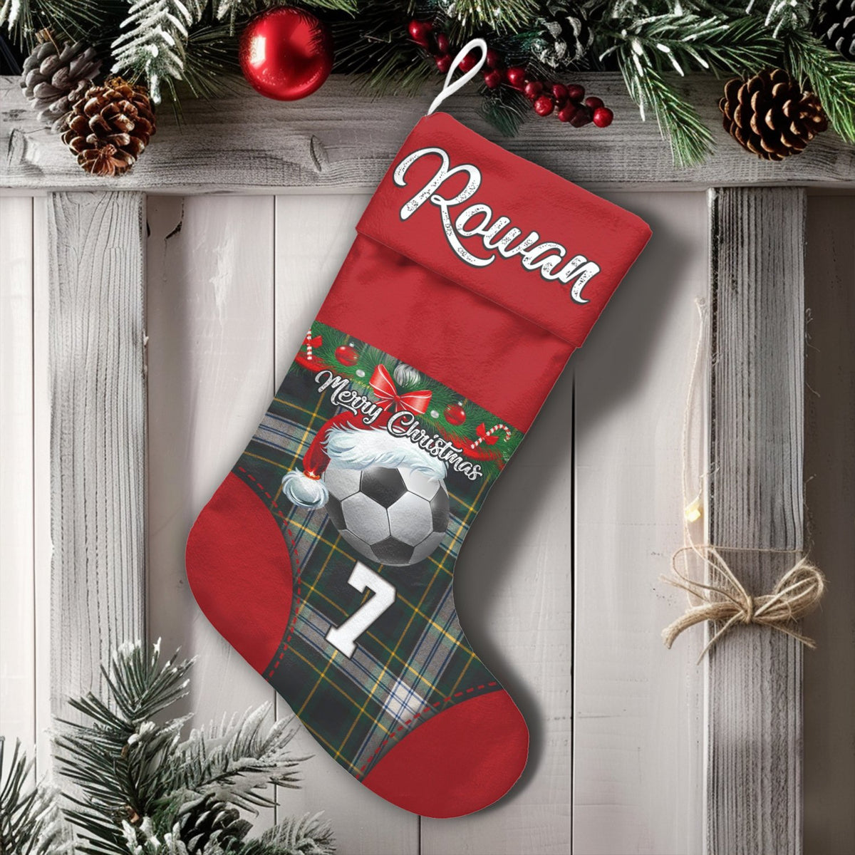 Custom Name and Jersey Number Holiday Stocking, Personalized Soccer Christmas Stocking, Plaid Xmas Stocking, Holiday Decor Pr
