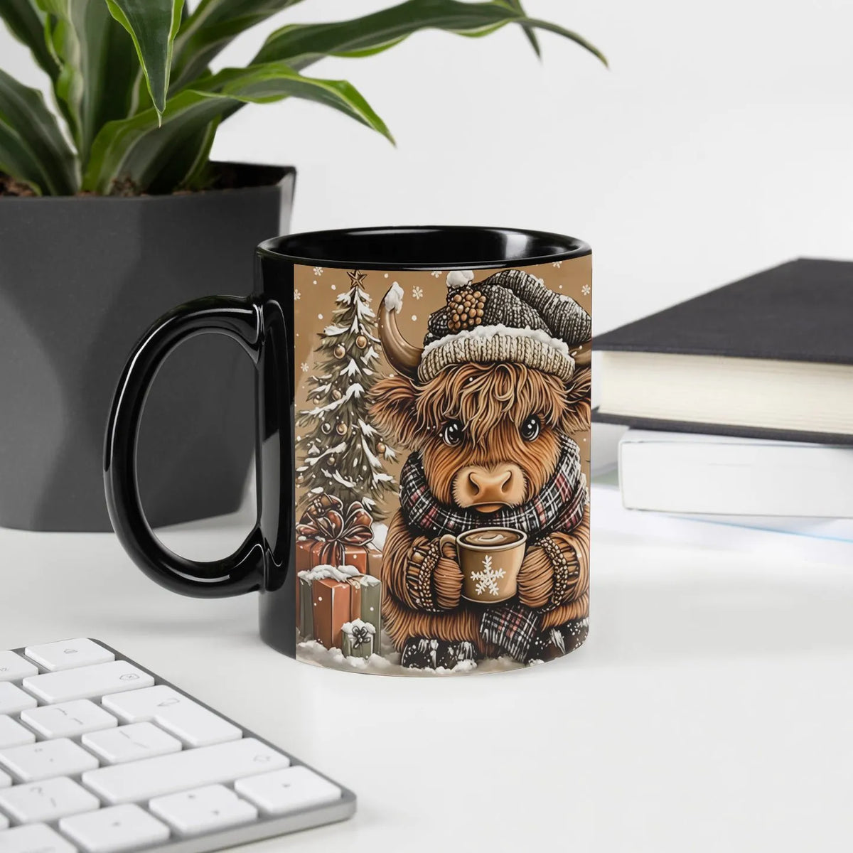 Festive Winter Coffee Mug, Highland Cow Christmas Mug, Highland Cow Holiday Ceramic Mug, Adorable Cow Xmas Coffee Cup, Animal