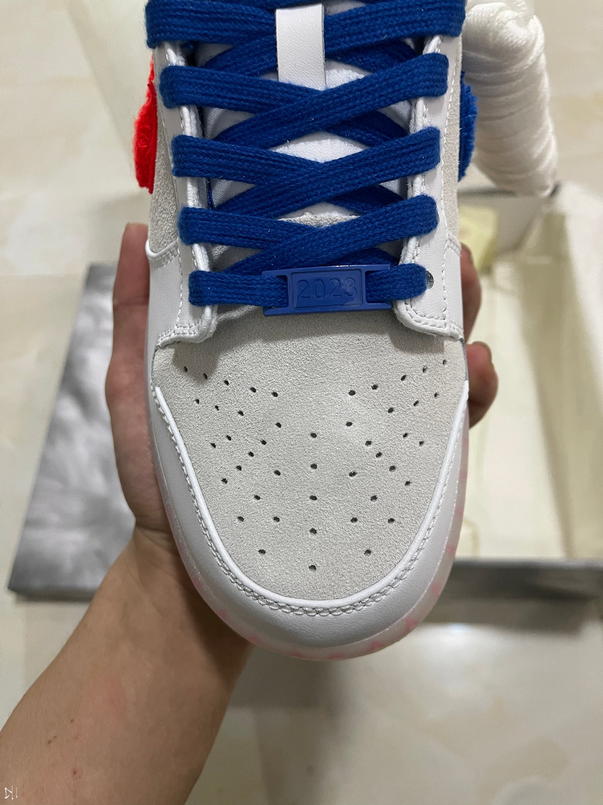 Low Top Sneakers, Blue White Red Colorway, Lace Up Design, Casual Gift for Sneaker Fans