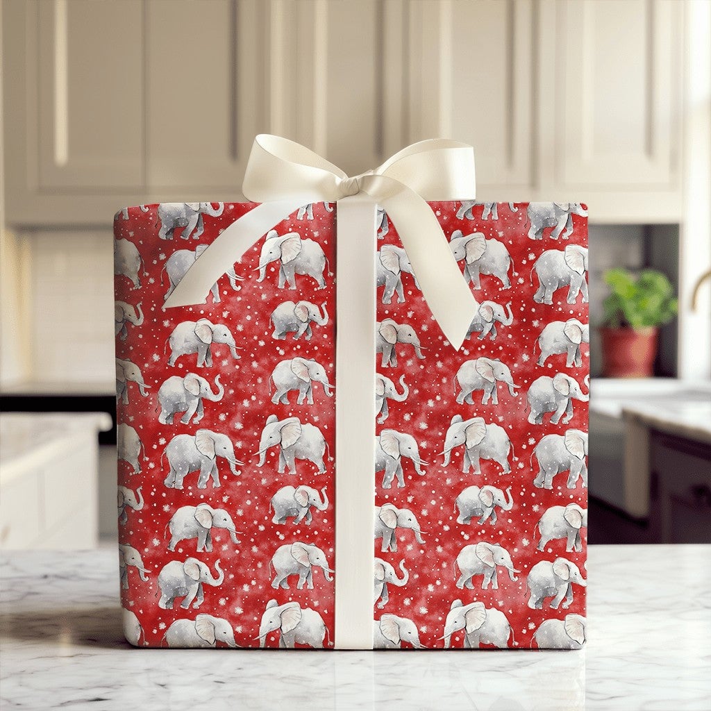Red Snowy Holiday Gift Wrap, Watercolor Elephant Christmas Wrapping Paper, Adorable Winter Animal Wrapping Paper, Festive Hol