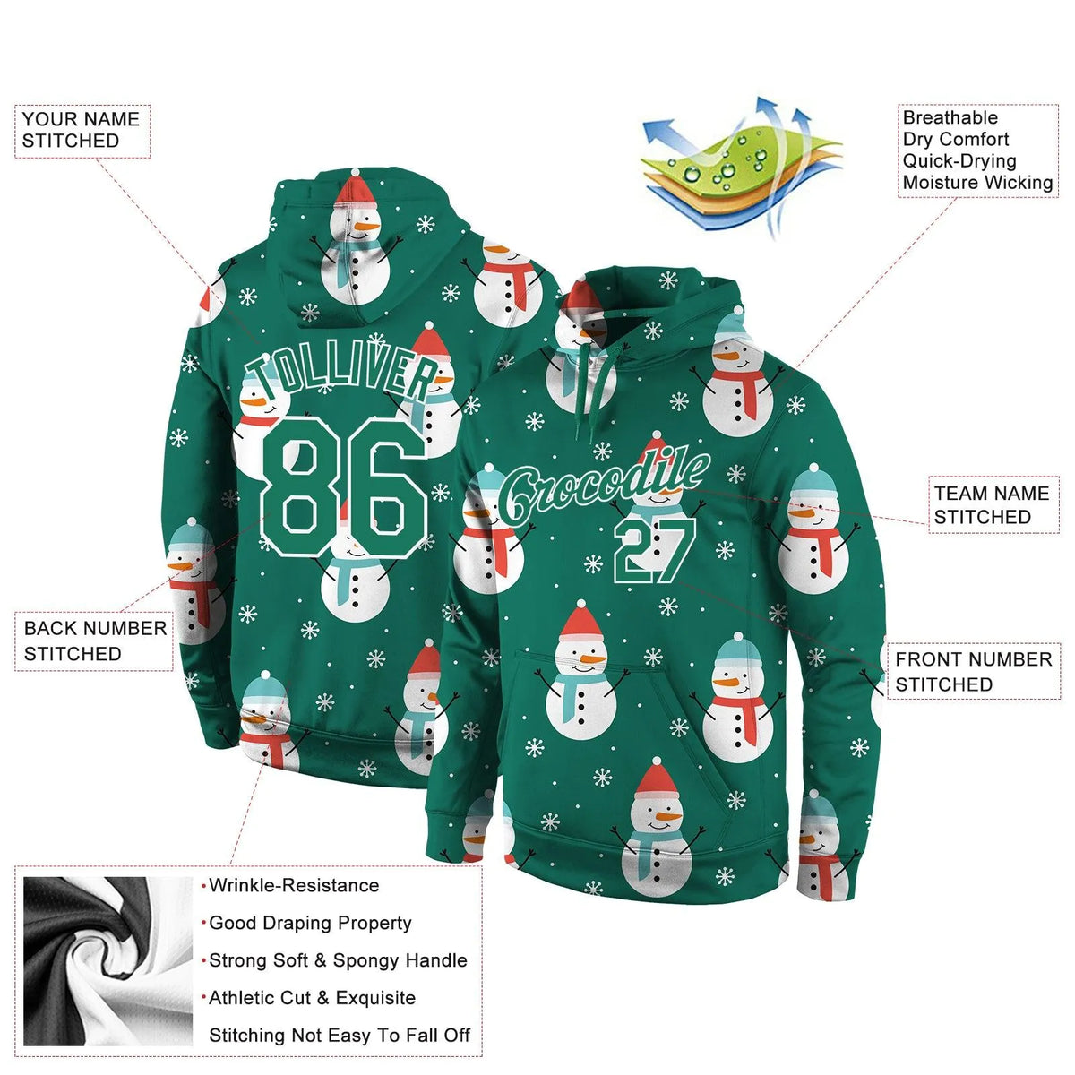 Personalized Holiday Pullover Sweatshirt, Custom Snowman Christmas Hoodie, Custom Team Name Number Fleece Hoodie, Game Day Fa